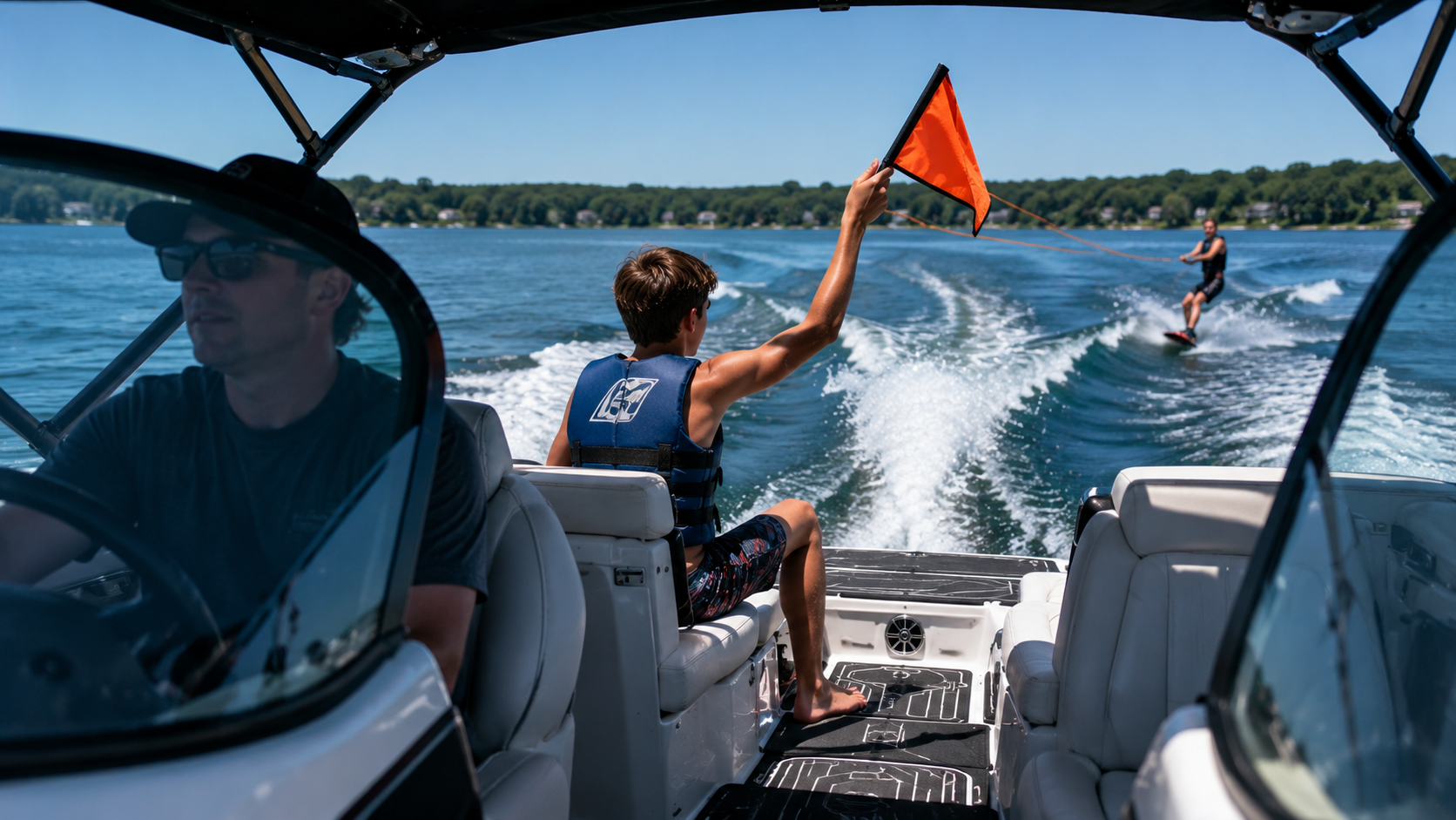 A spotter in a life jacket watches a wakeboarder and holds up an orange flag from the boat