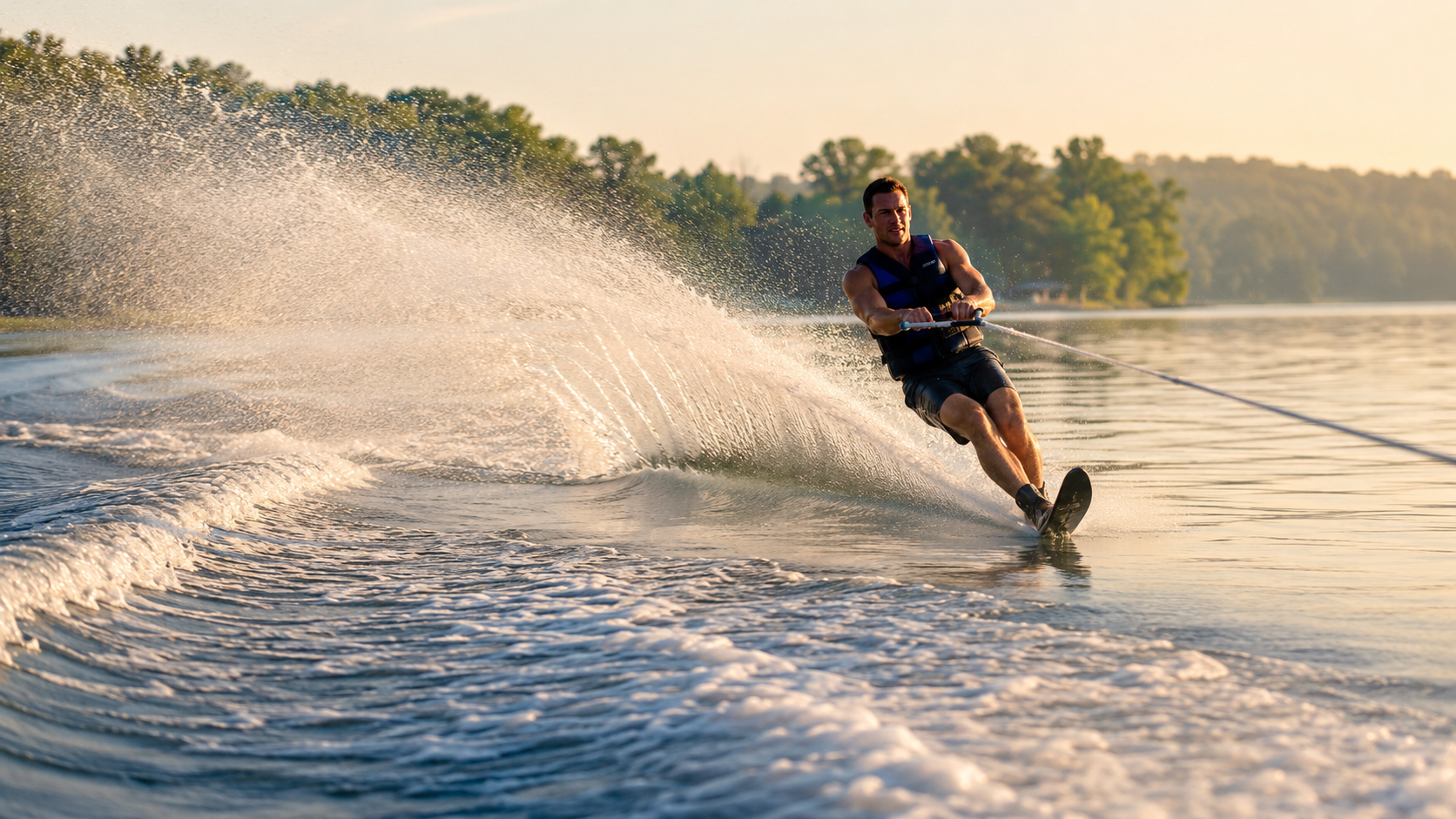 A water skier carving outside the wake behind a boat on glassy morning water