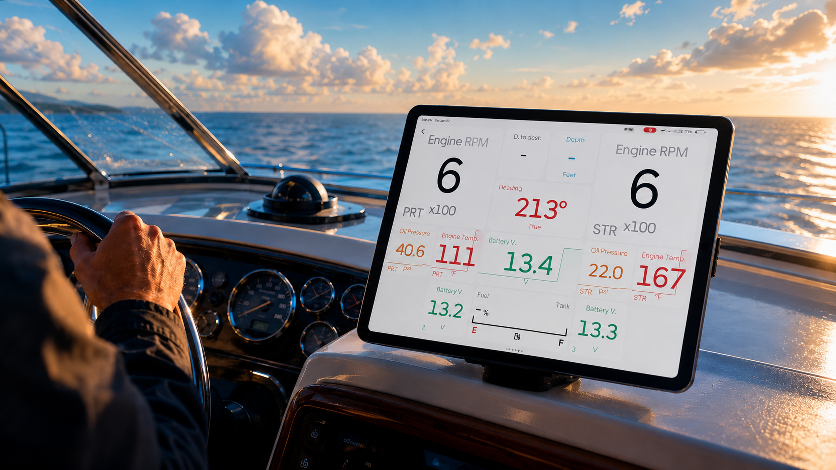 The Orca app showing twin-engine data — port and starboard RPM, temperatures, and battery voltage — on a tablet at the helm