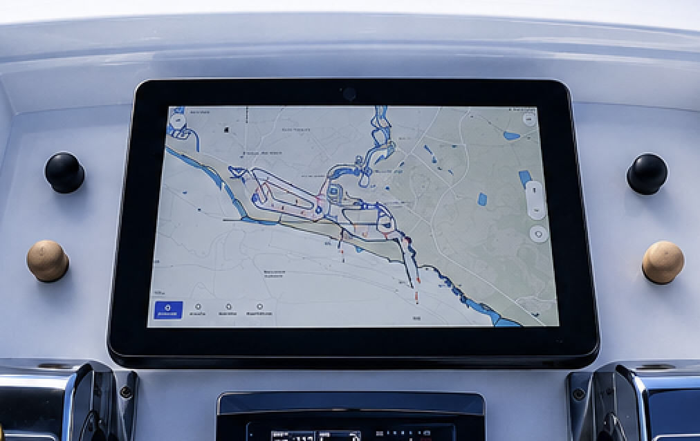 The Orca Display 2 in its floating mount on the rebuilt helm dash