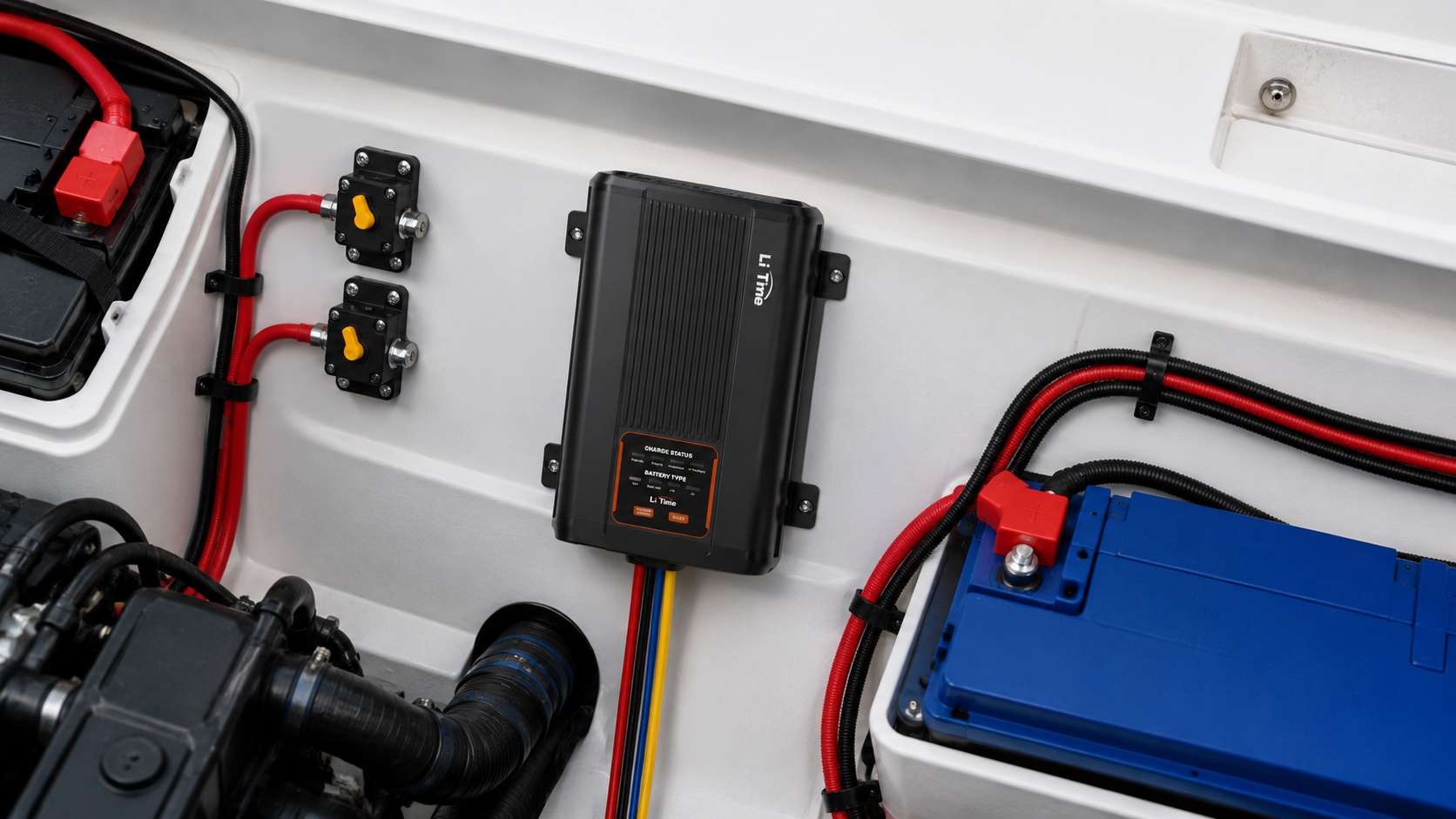 LiTime DC-DC charger installed in the engine compartment with color-coded cables and circuit breakers