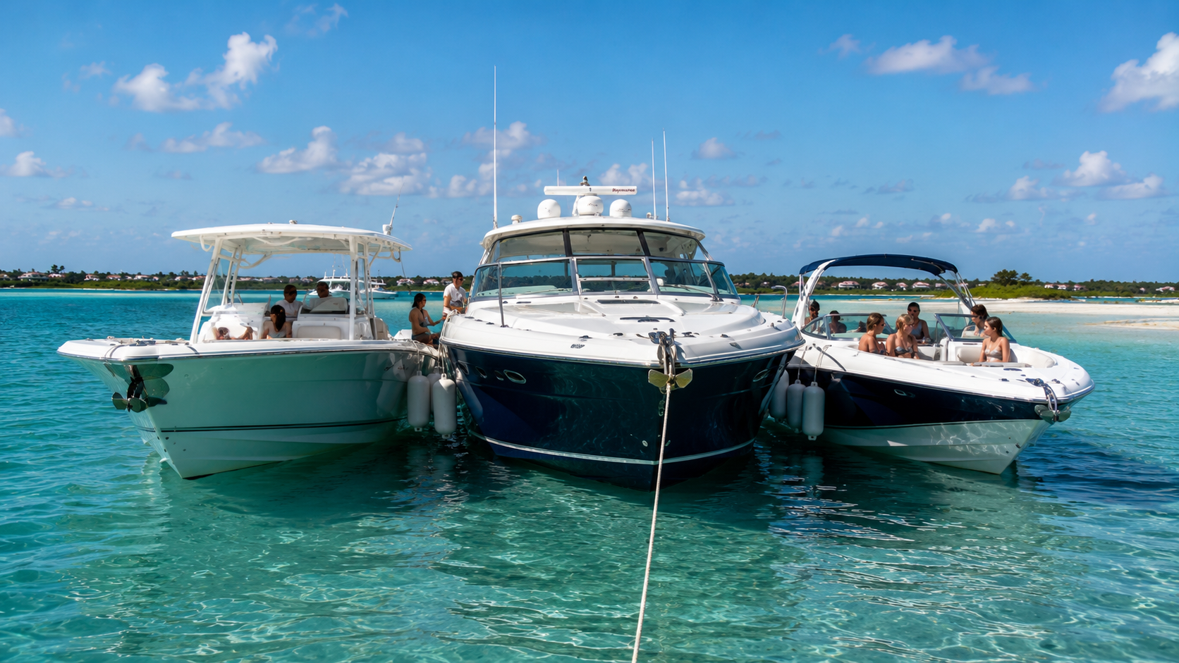 Three boats tied alongside each other off a sandy shoal with a single anchor line