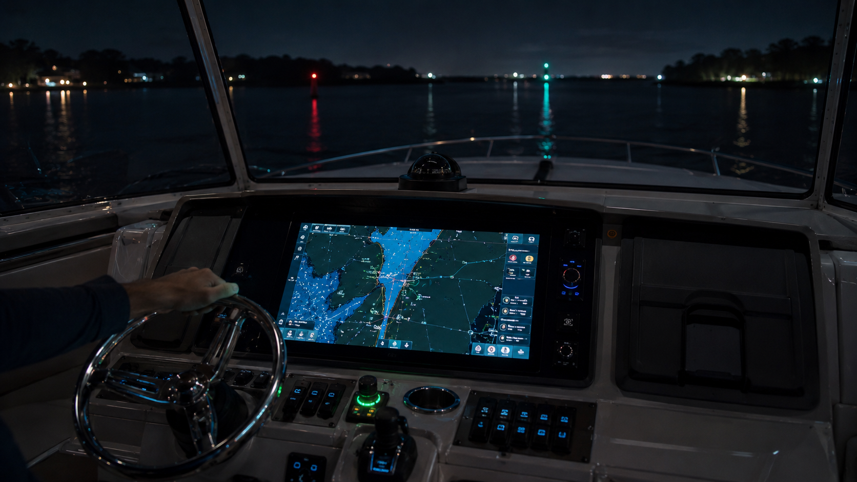 Boat helm at night with a glowing chartplotter in night mode and a dark harbor ahead