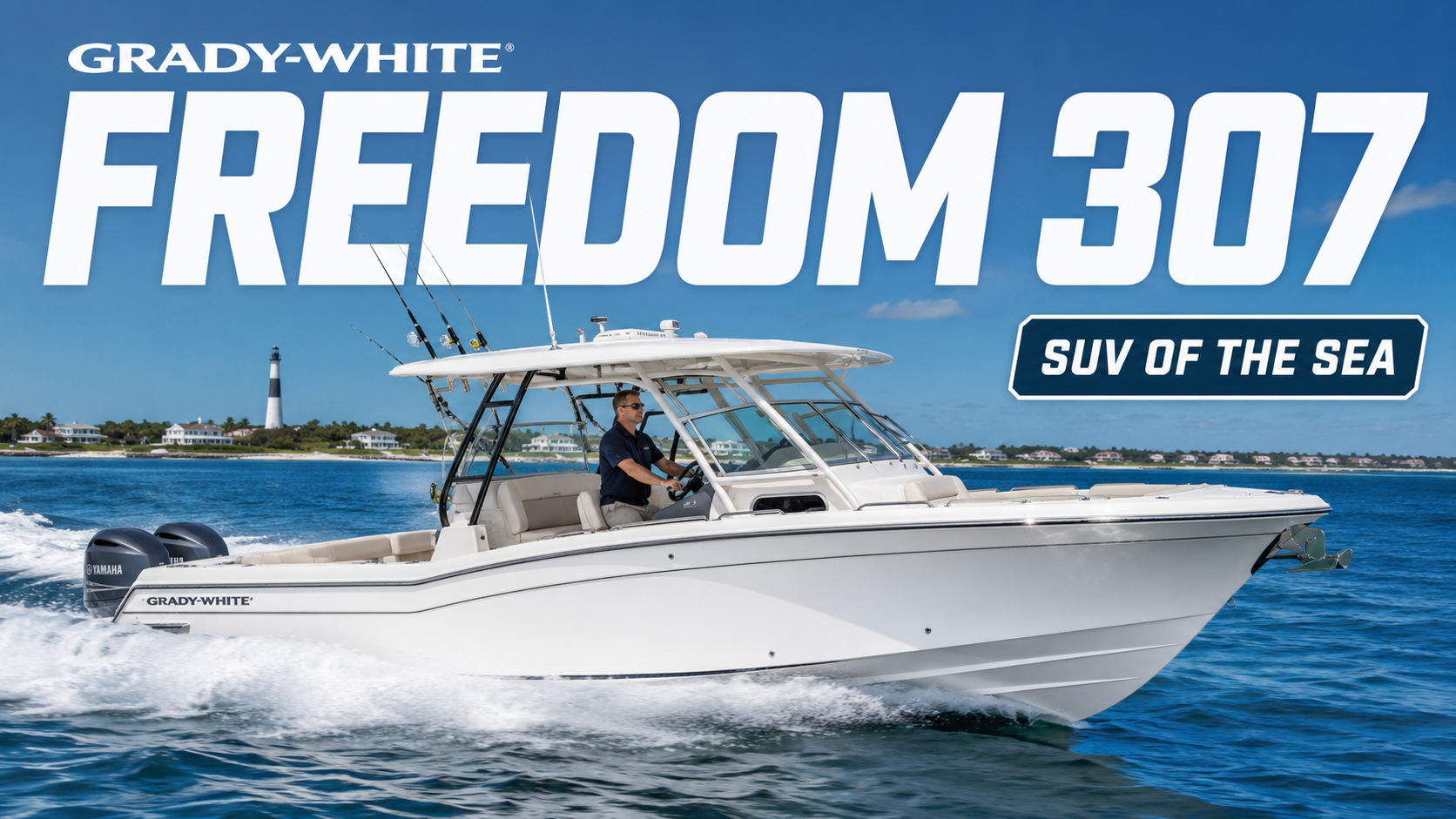 Helm station of the Grady-White Freedom 307 with Simrad electronics under the T-top