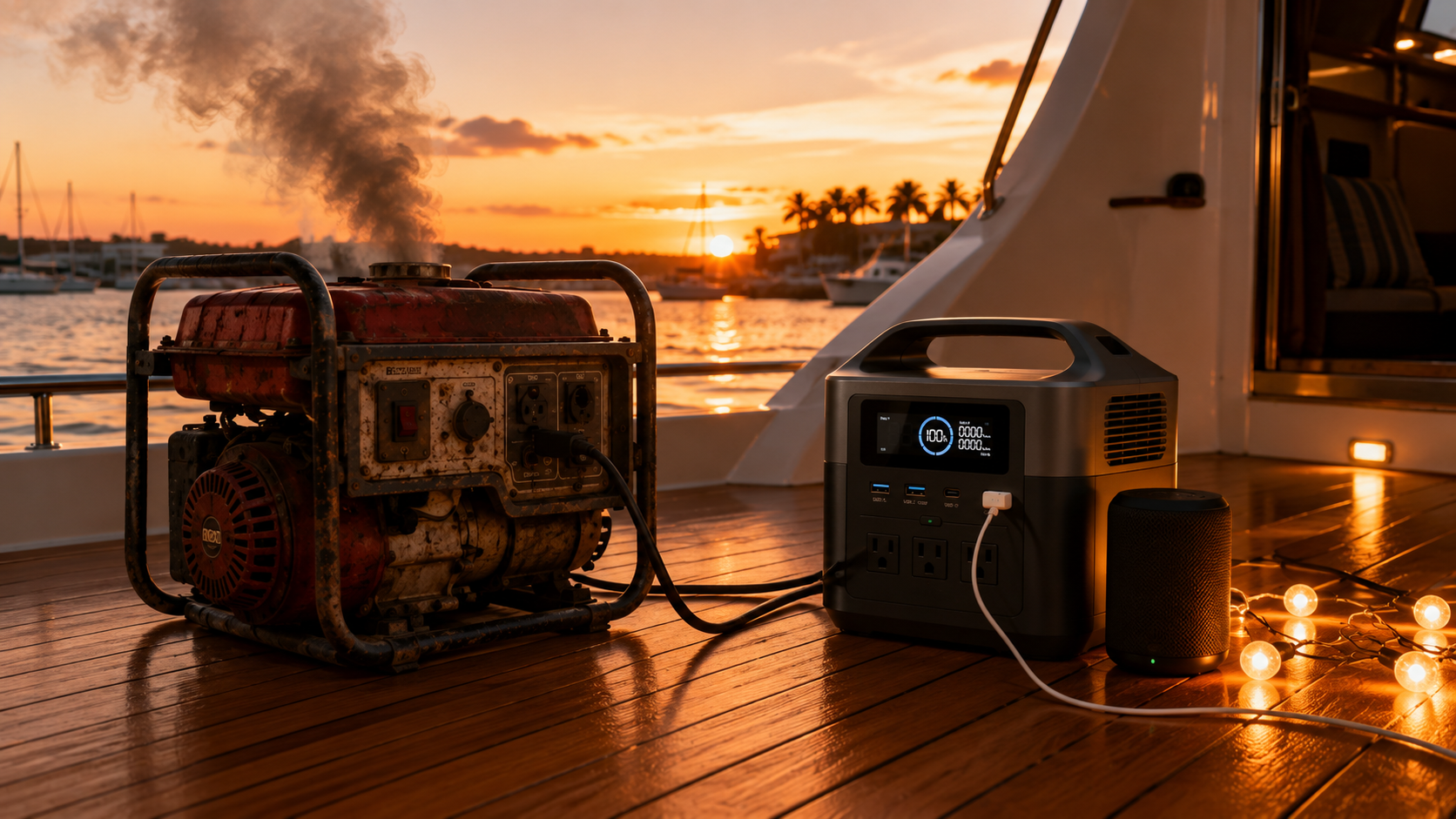 Old gasoline boat generator beside a silent EcoFlow power station on a boat deck at golden-hour sunset