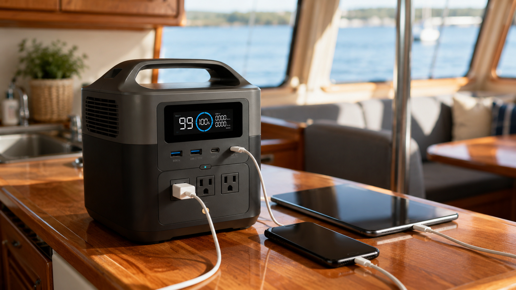 EcoFlow Delta Mini power station on a boat galley counter charging a phone and tablet