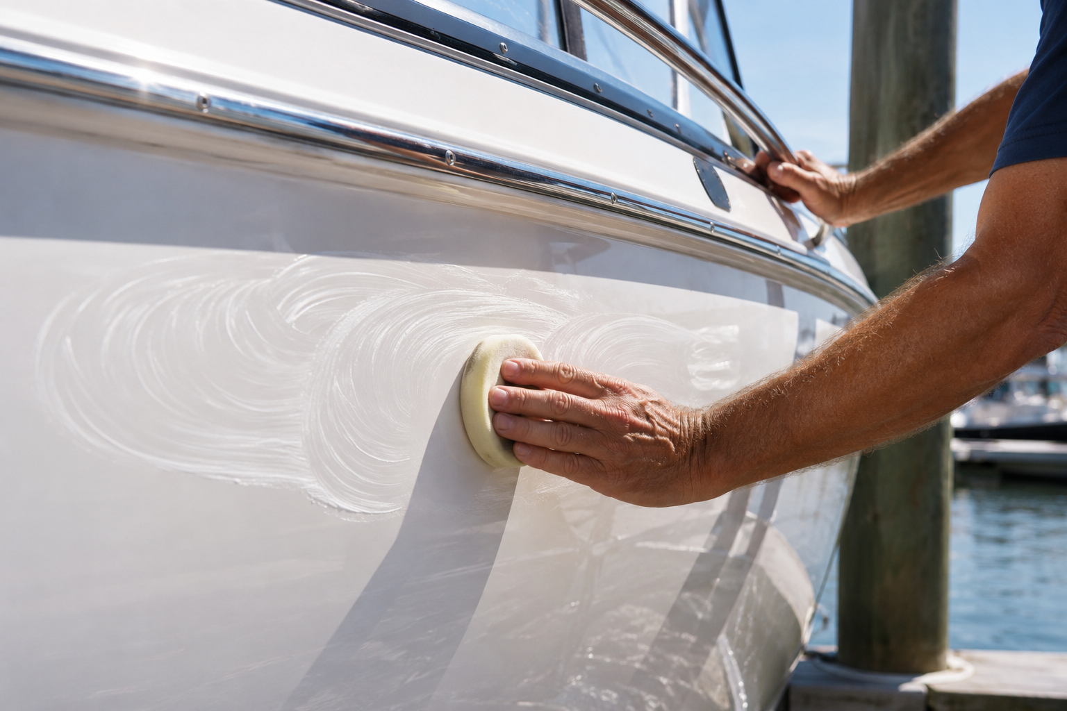 Boat owner hand-applying wax to a white hull at a sunny dock