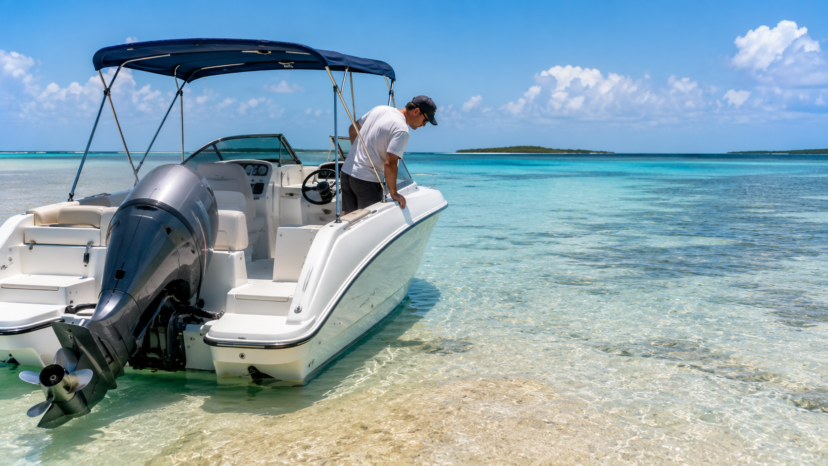 Captain assessing the bottom after running his boat aground in shallow water