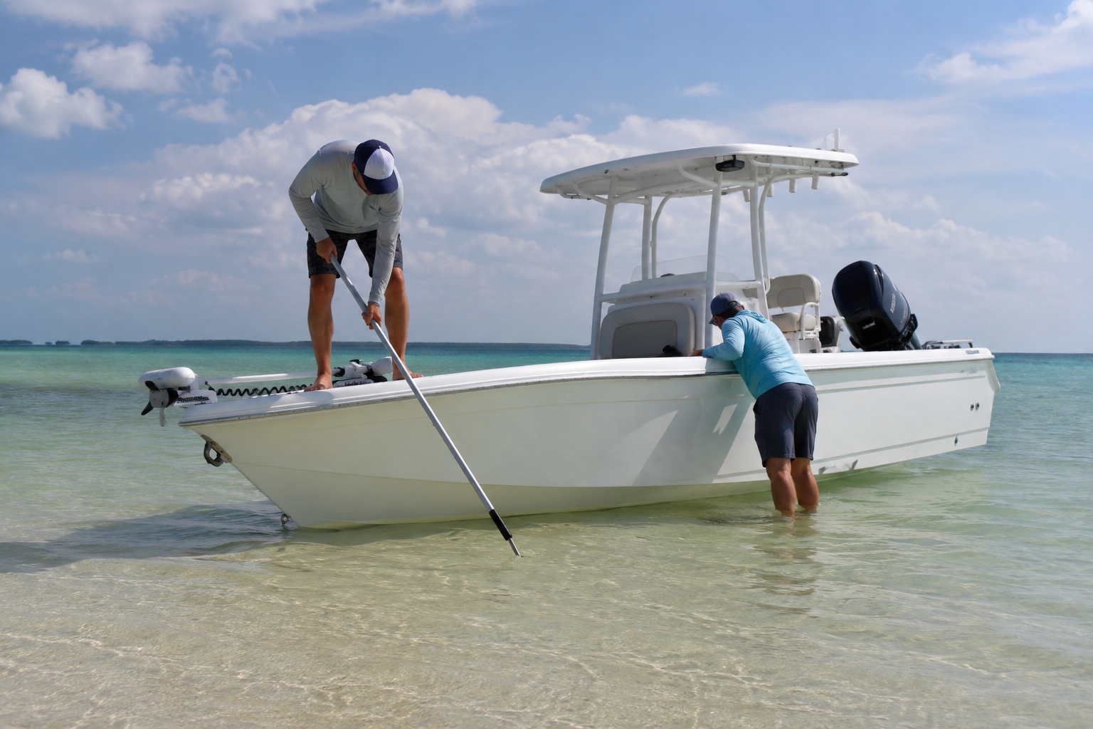 Crew shifting weight and probing depth with a boat hook to free a grounded boat