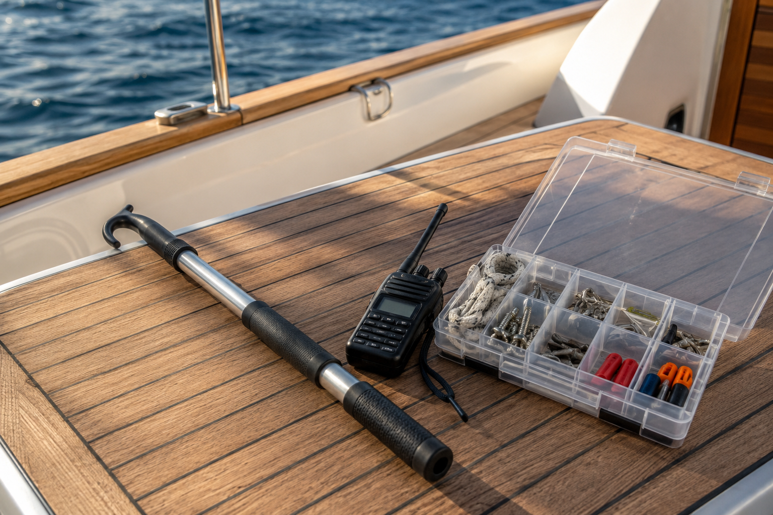 Collapsible boat hook and handheld VHF radio on a sunlit boat deck