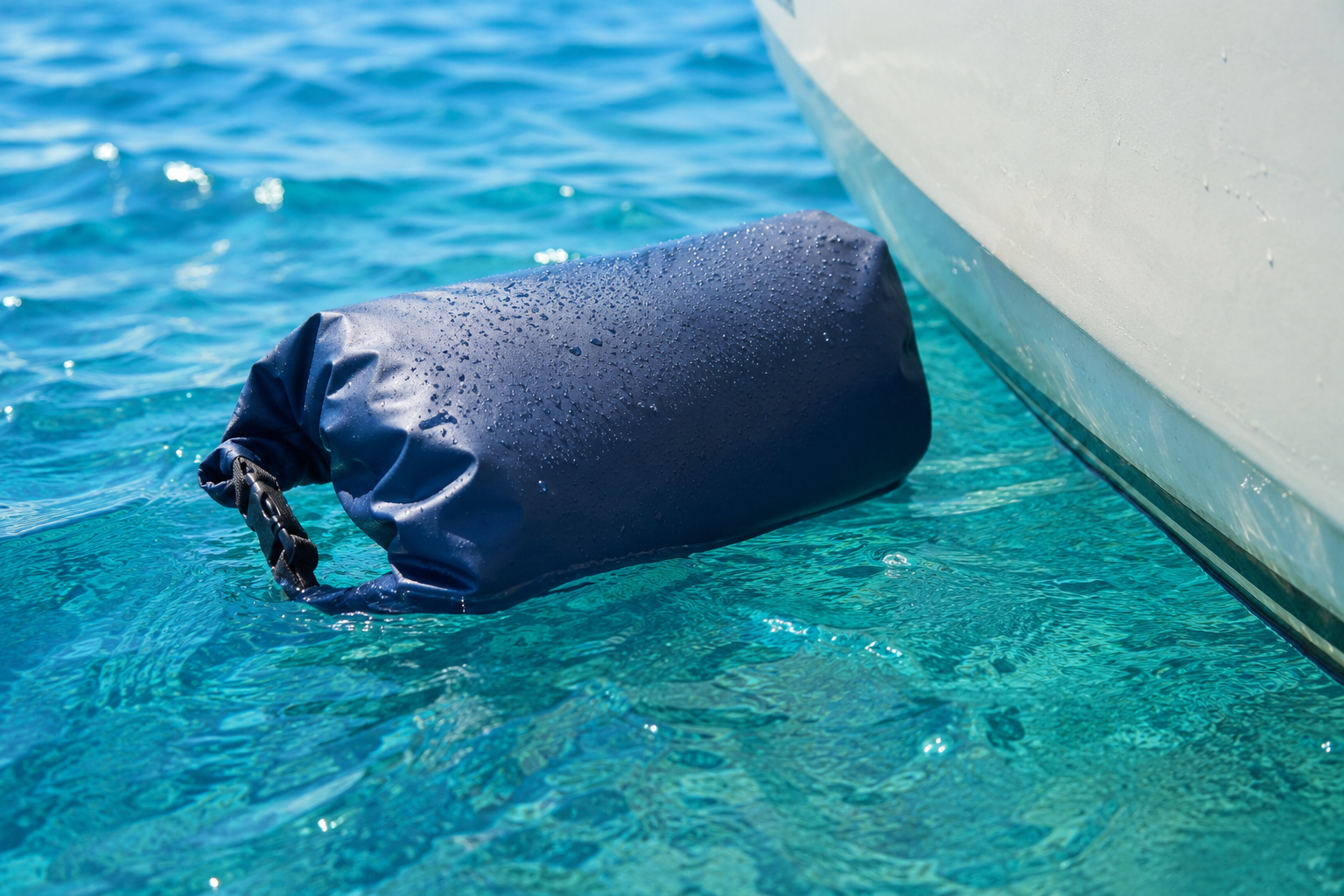 Waterproof roll-top dry bag floating in clear water beside a boat