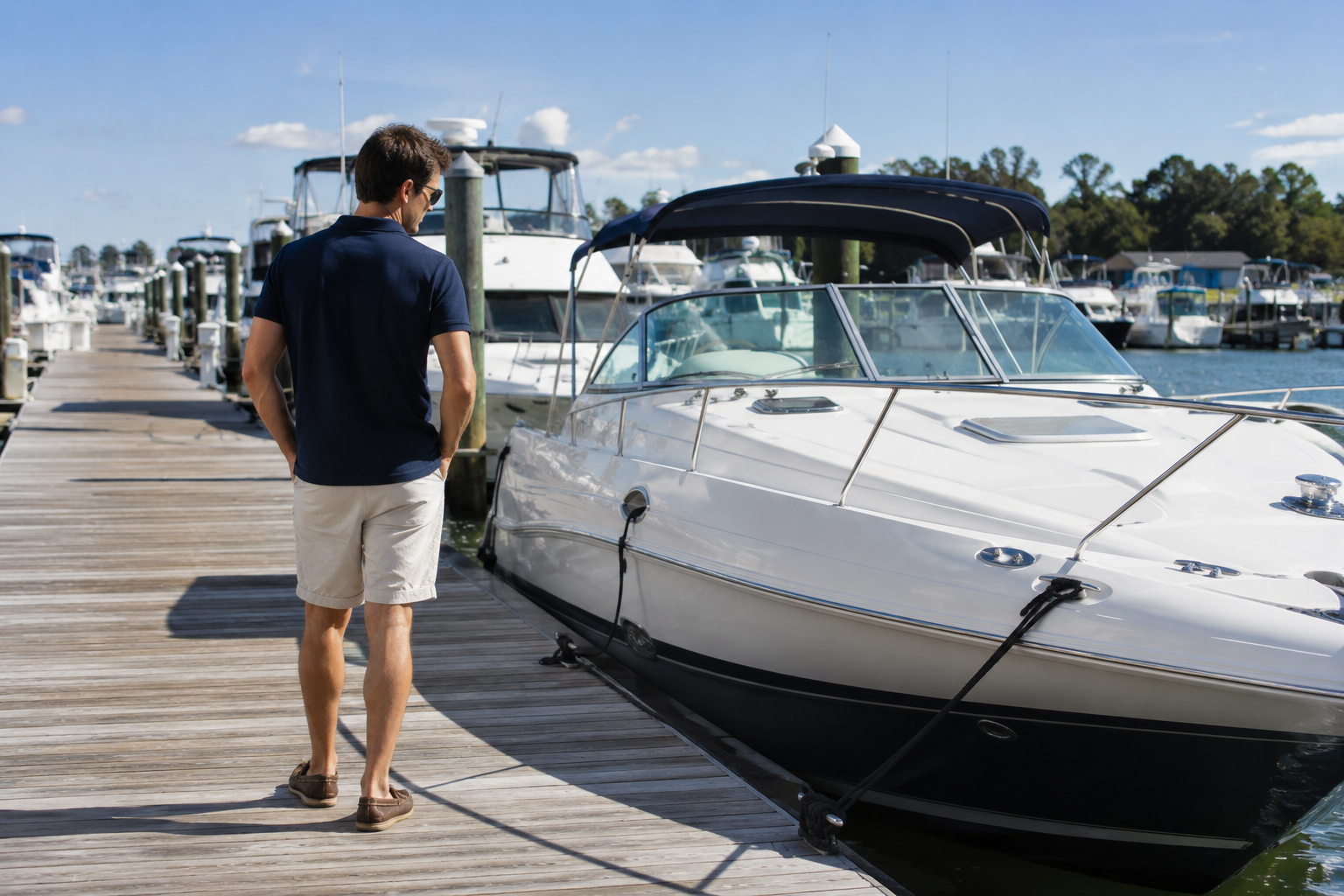 Prospective buyer inspecting a boat for sale on a summer marina dock