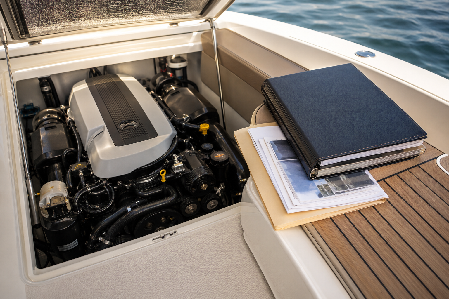 Clean boat engine bay with organized service records ready for a buyer
