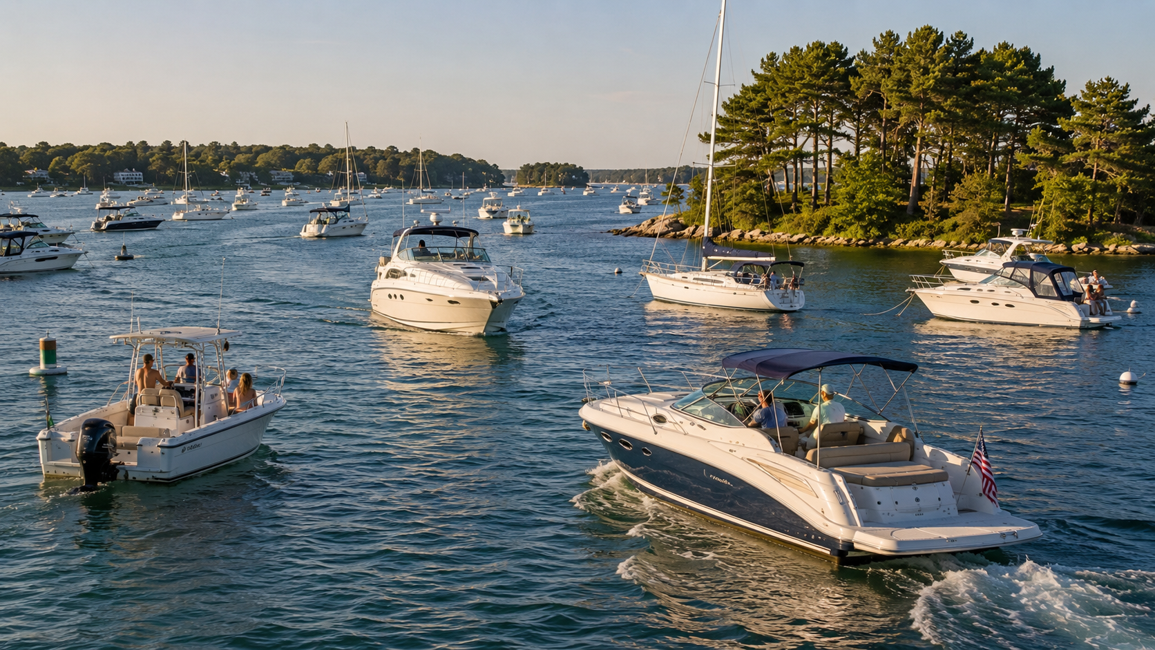 Boats maneuvering carefully around each other in a busy summer anchorage