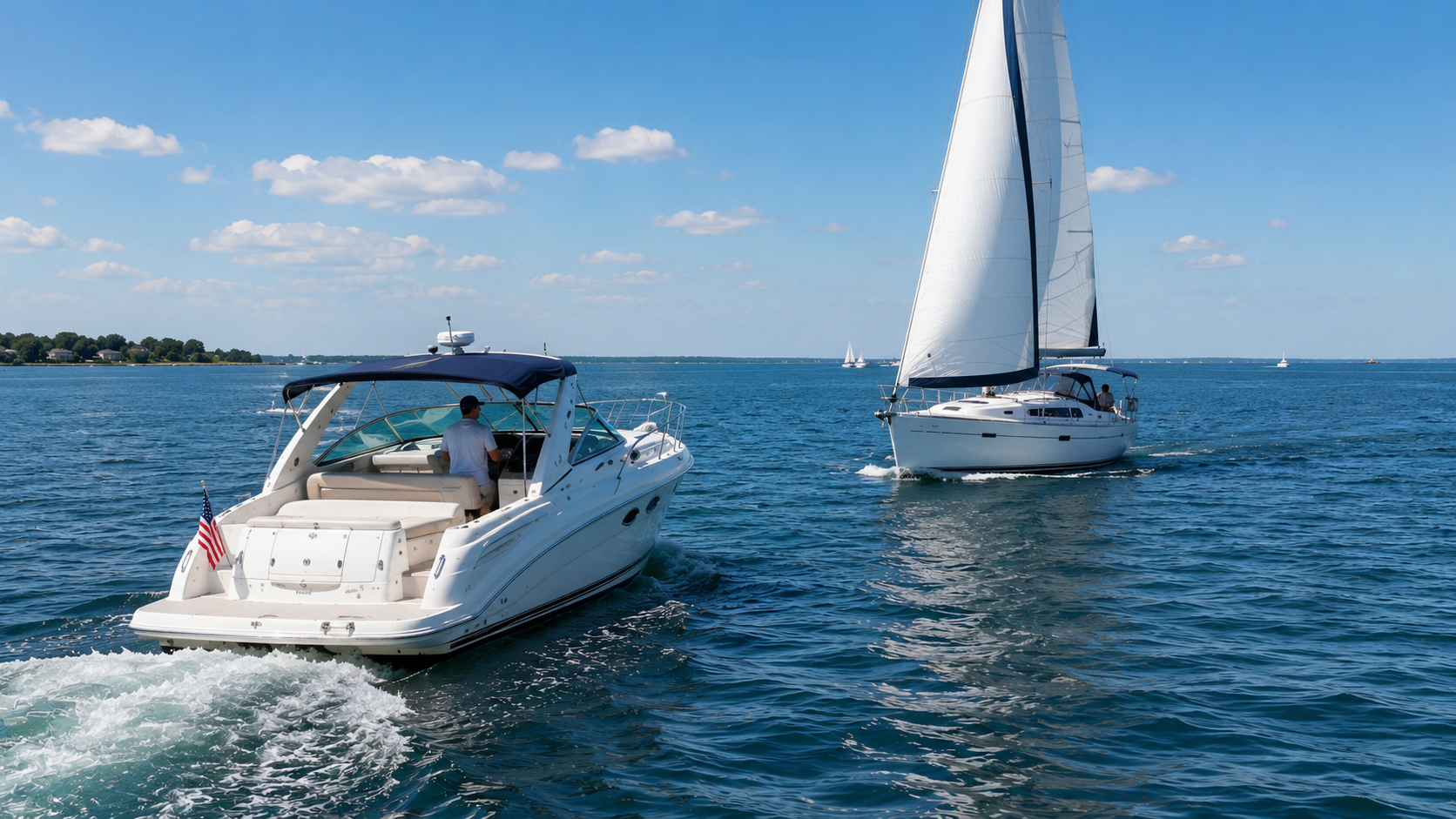 A powerboat and a sailboat on crossing courses in open summer water