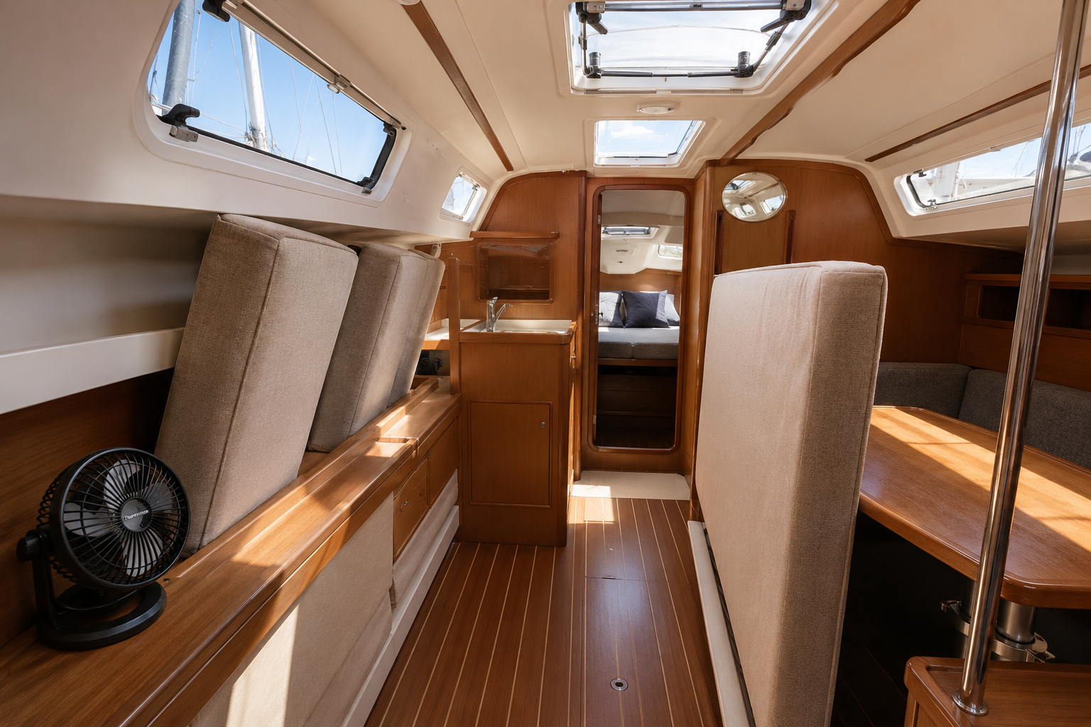 Boat cabin with hatches open and cushions on edge for airflow