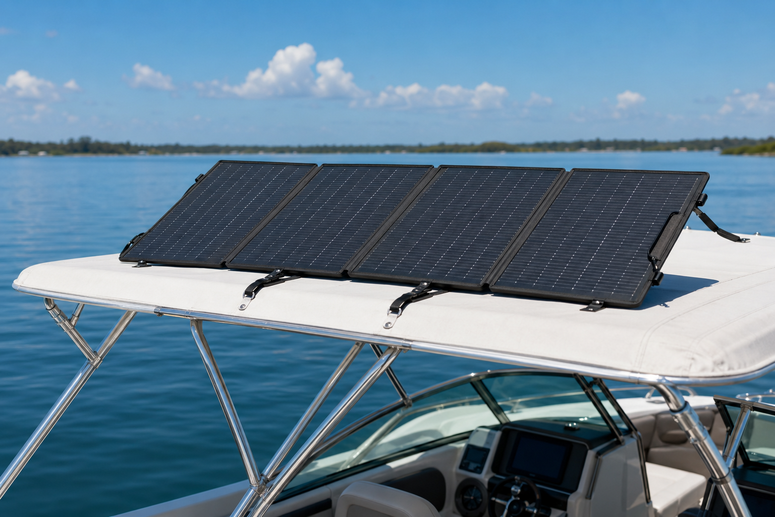 Portable folding solar panel mounted on a boat bimini top