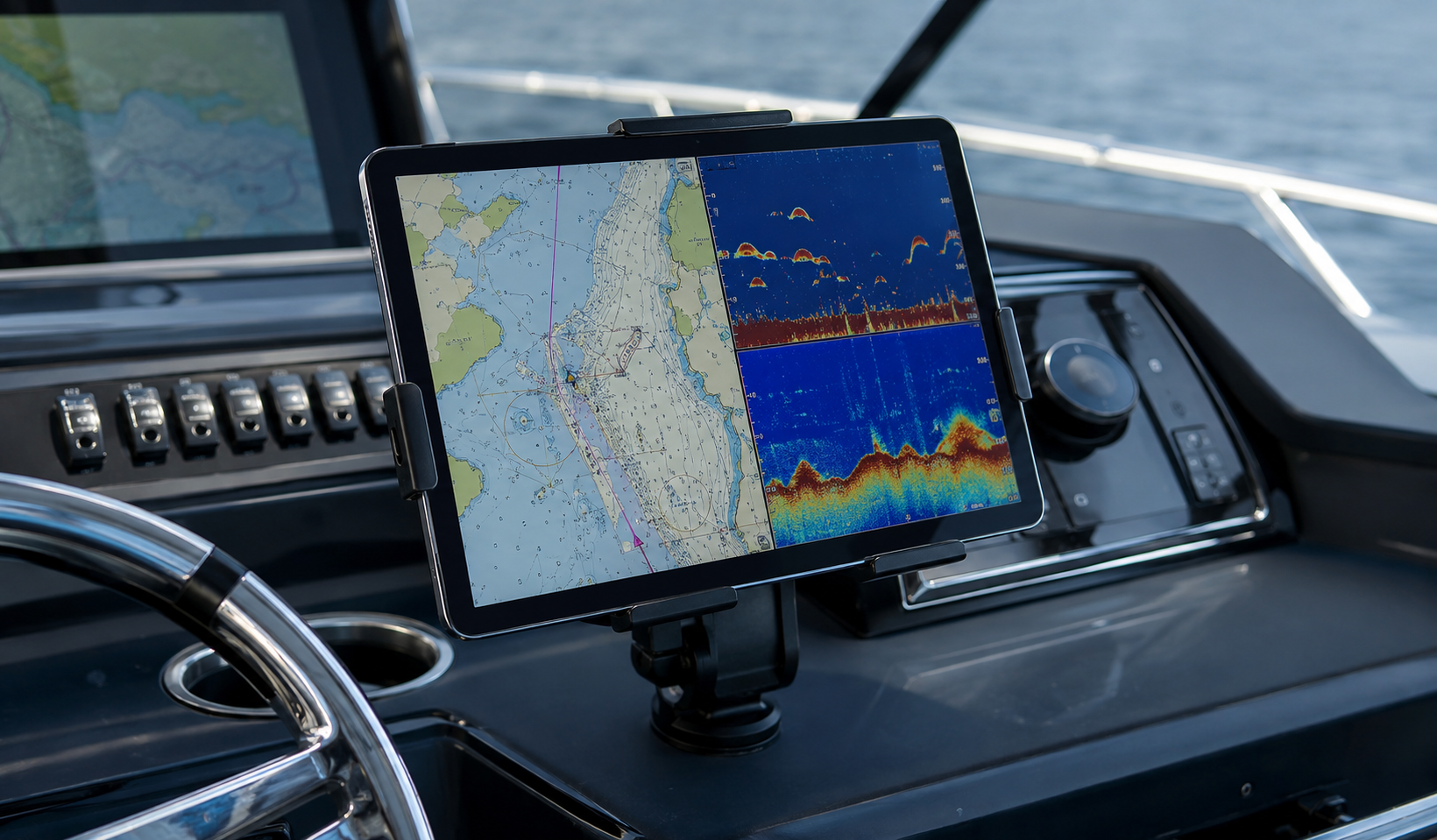 Marine navigation tablet displaying charts at a boat helm