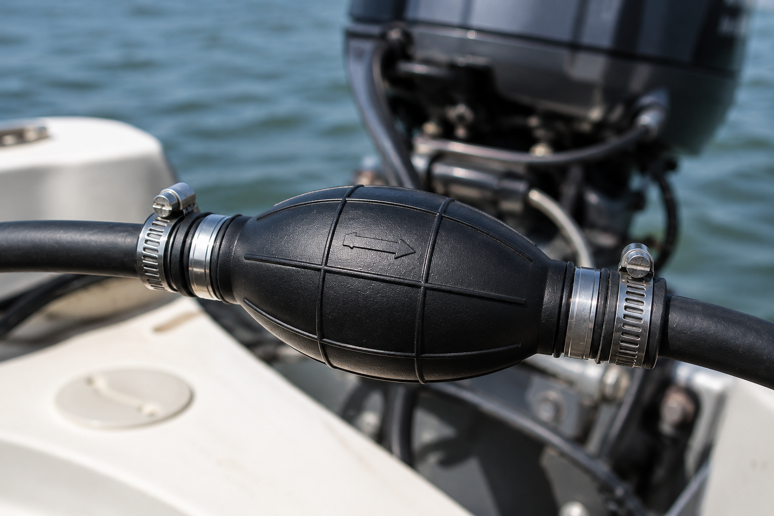 New primer bulb correctly installed on an outboard fuel line