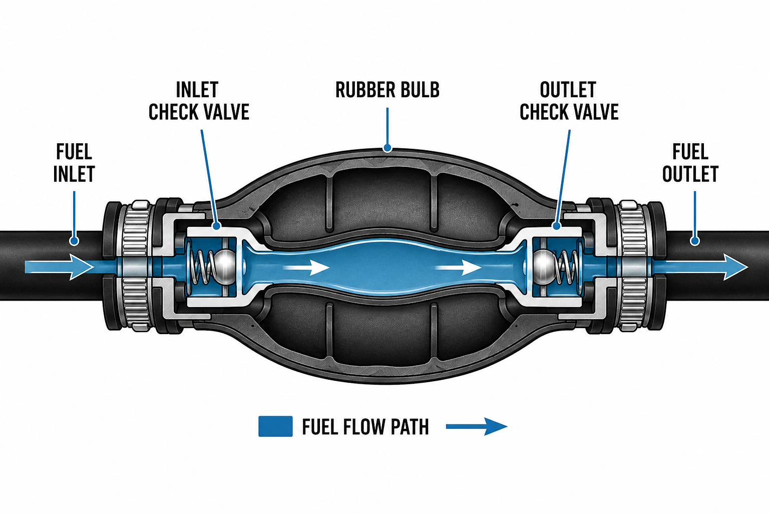 Cutaway diagram of an outboard primer bulb's internals