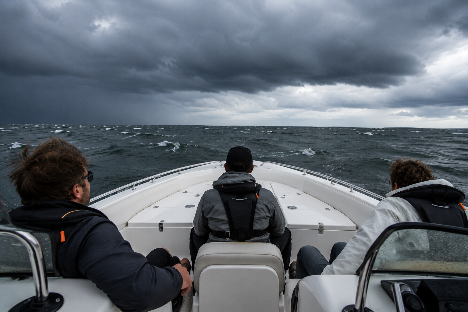 Boat crew in life jackets sitting low in the cockpit during a storm