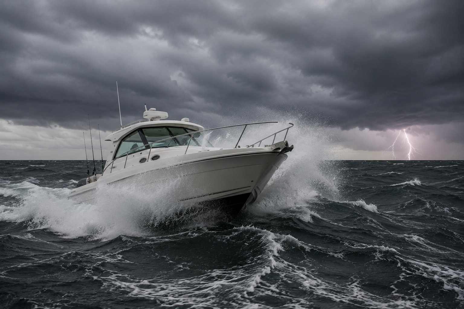 Powerboat riding out rough water with its bow into the waves