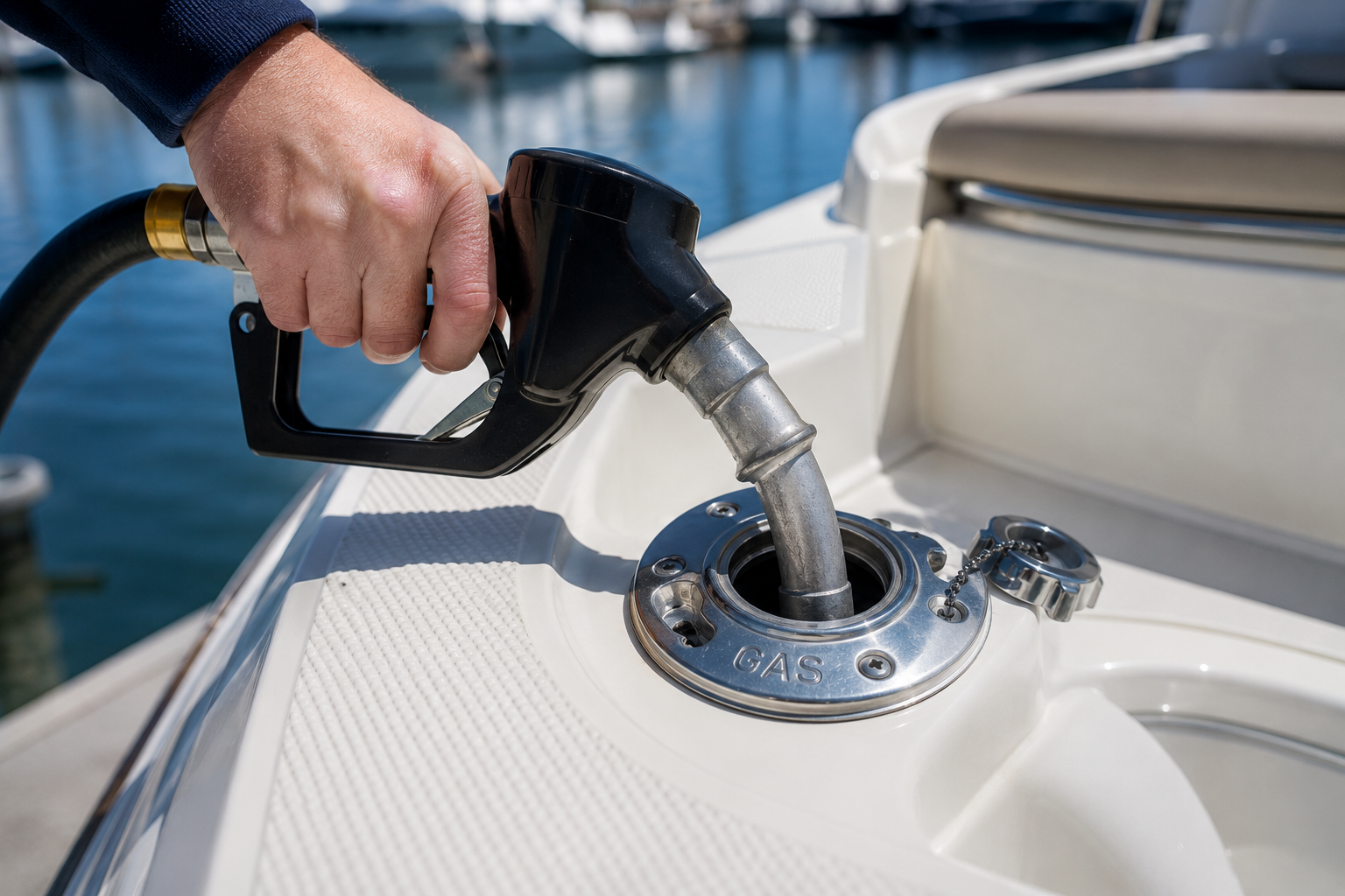 Hand holding a fuel nozzle in a boat's deck fill marked GAS