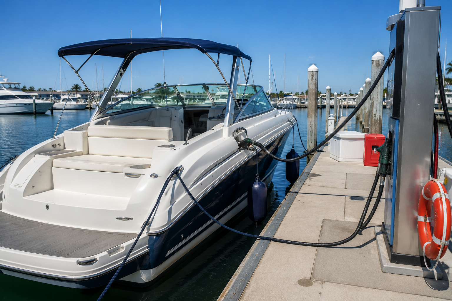 Recreational boat tied alongside a marina fuel dock with fenders out