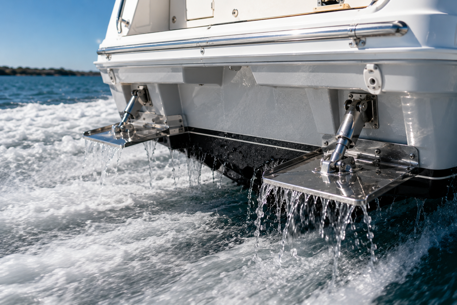 Detail of stainless trim tabs mounted on a boat transom while running on plane