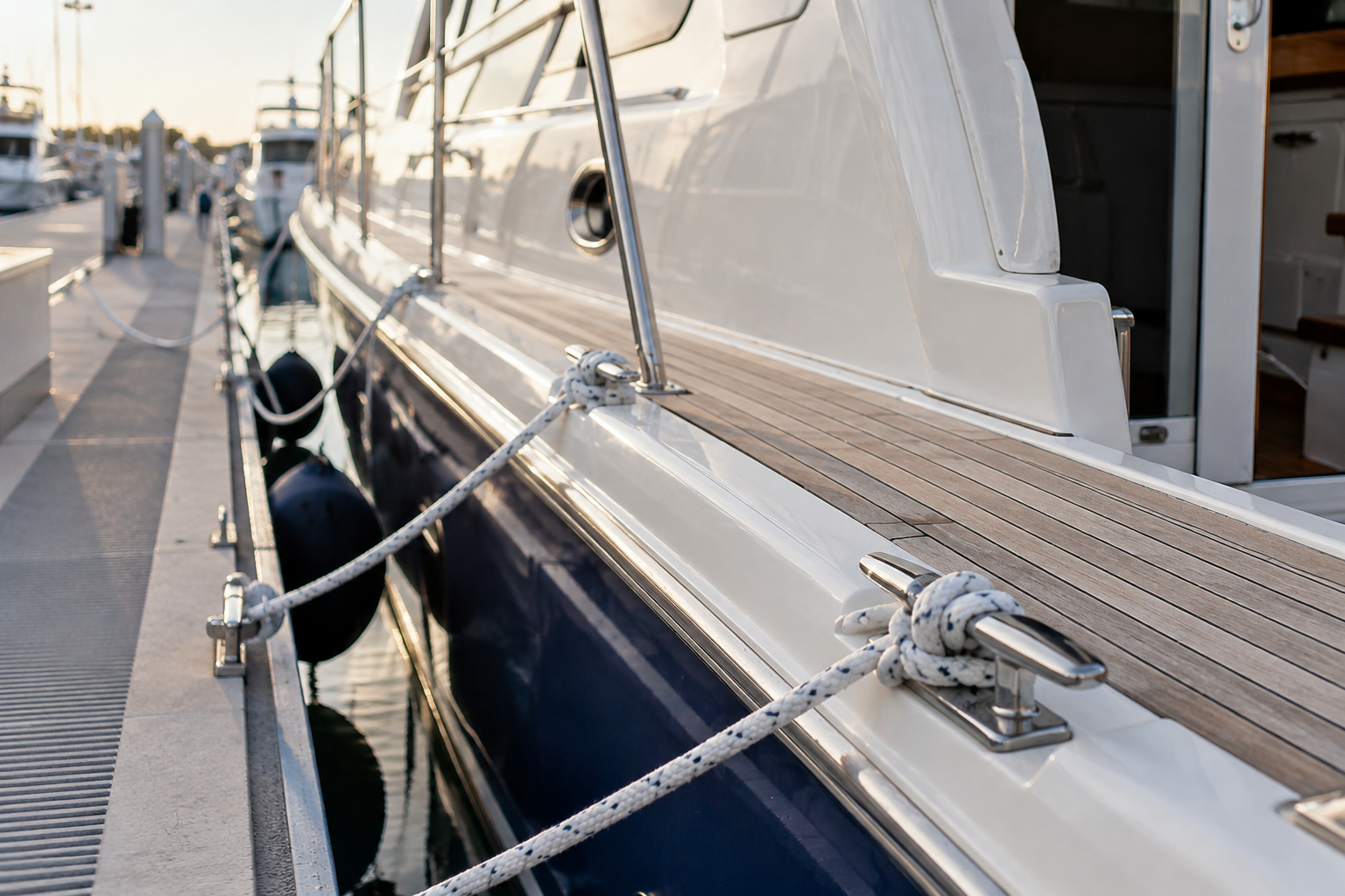 Boat secured at a dock with dock lines cleated to stainless deck cleats
