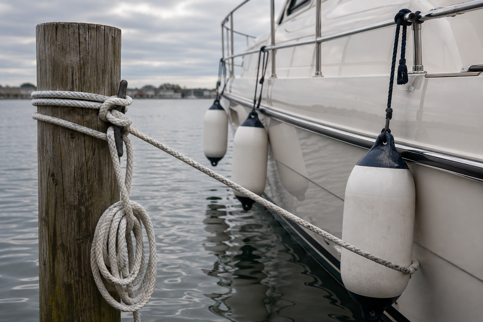 Boat fenders hung along a hull and dock lines hitched to a wooden piling