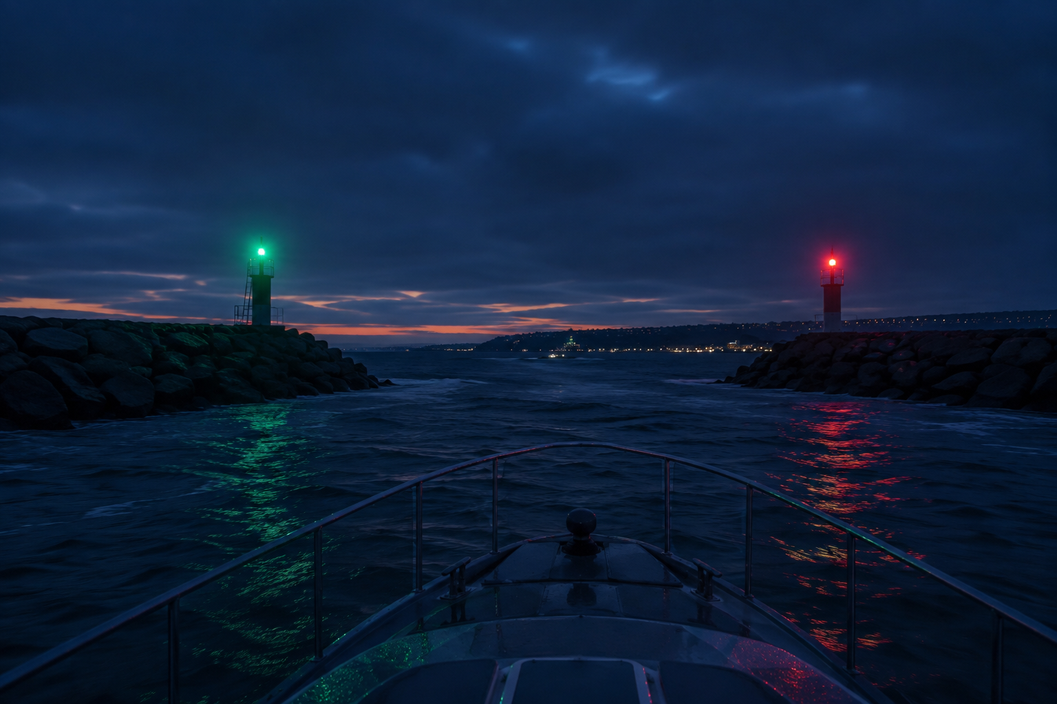 Red and green beacons marking the Newport Harbor jetty entrance at dusk