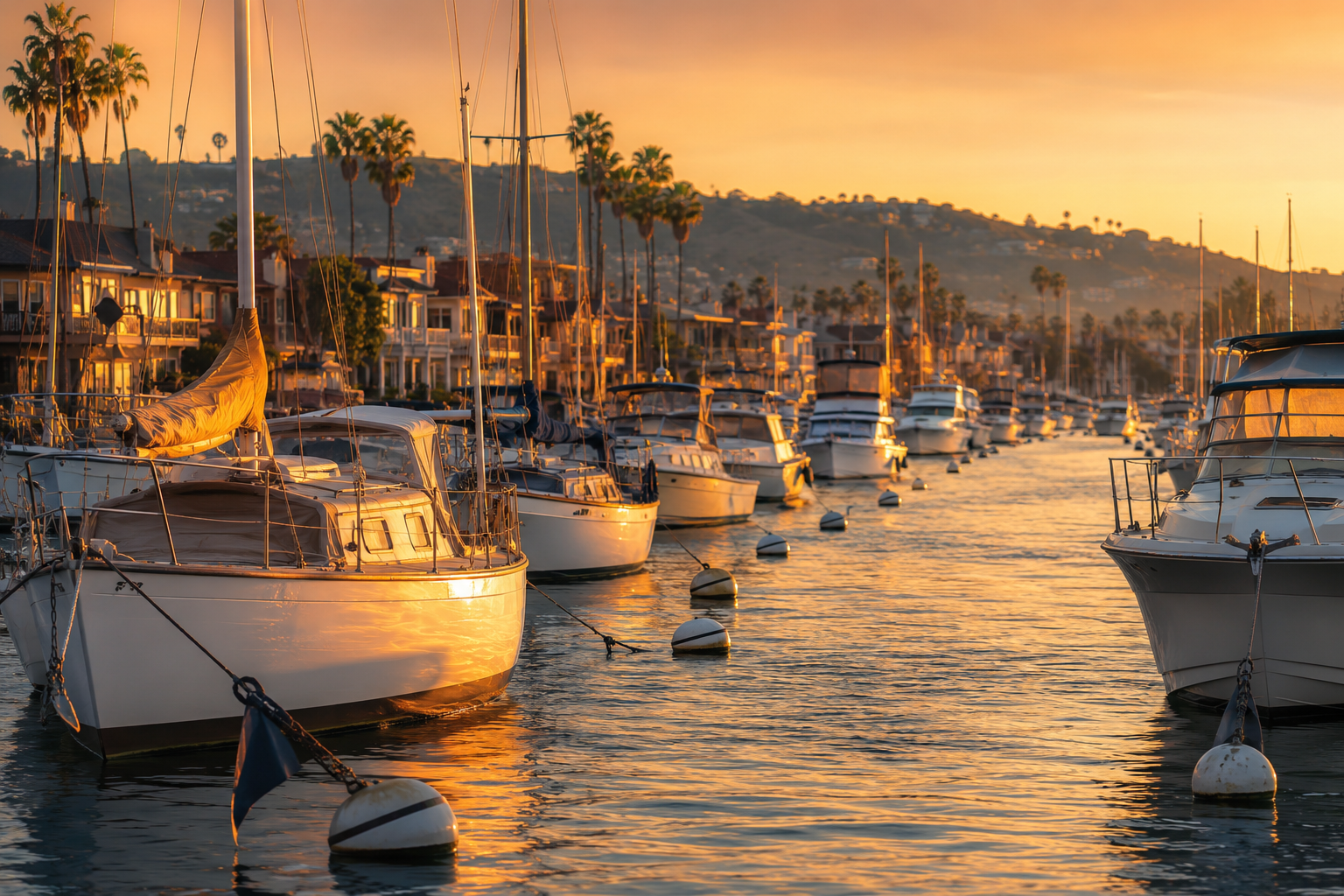 Newport Harbor mooring field at golden hour seen from water level