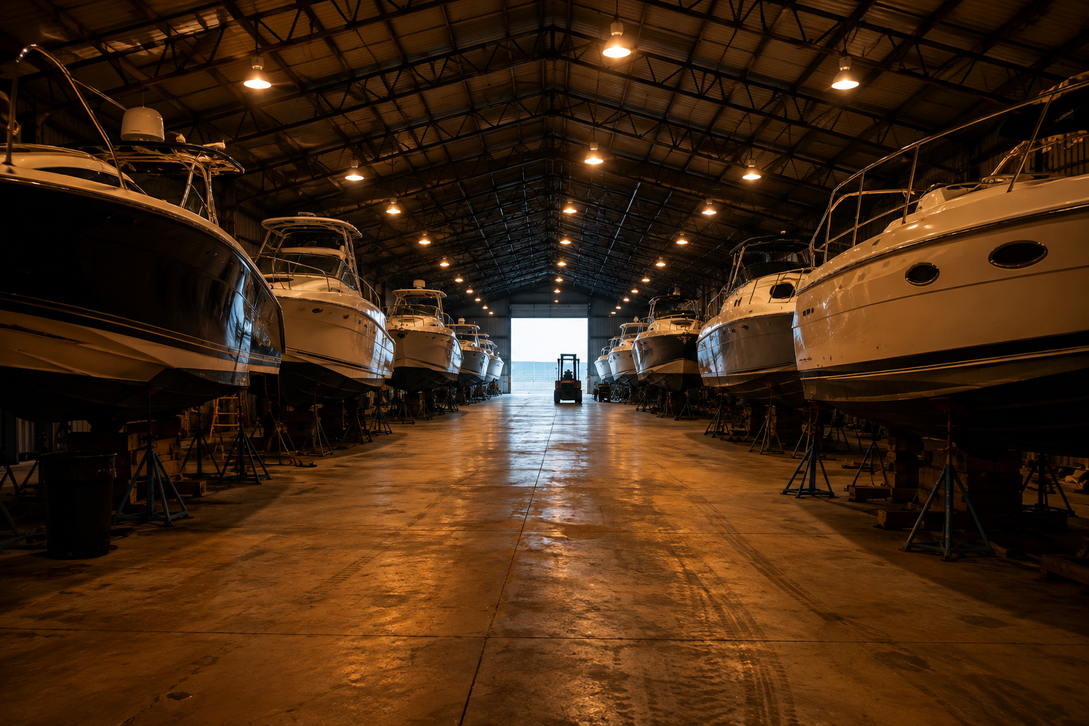 Interior aisle of an indoor boat storage building with boats on jackstands under warm lamps