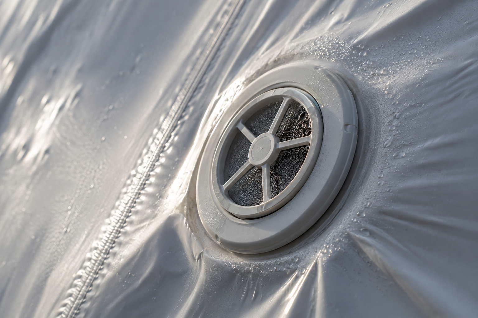 Close-up of a vent installed in shrink wrap film with condensation beaded inside