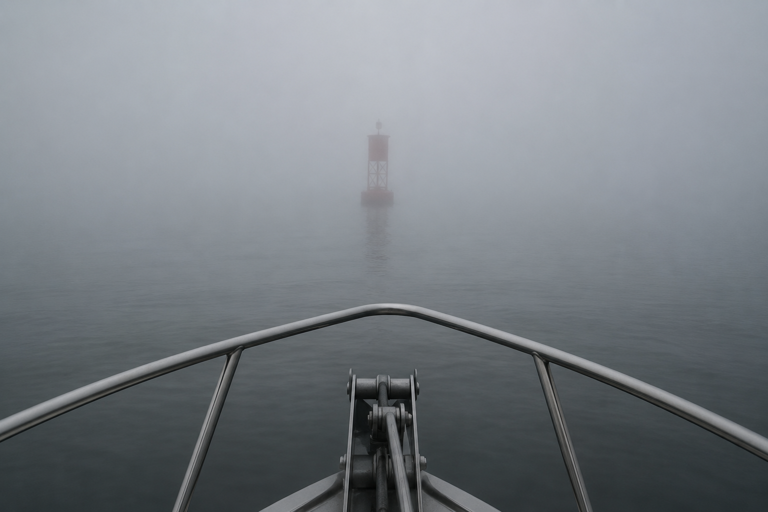 View forward from a boat bow in dense fog with a red channel buoy emerging ahead
