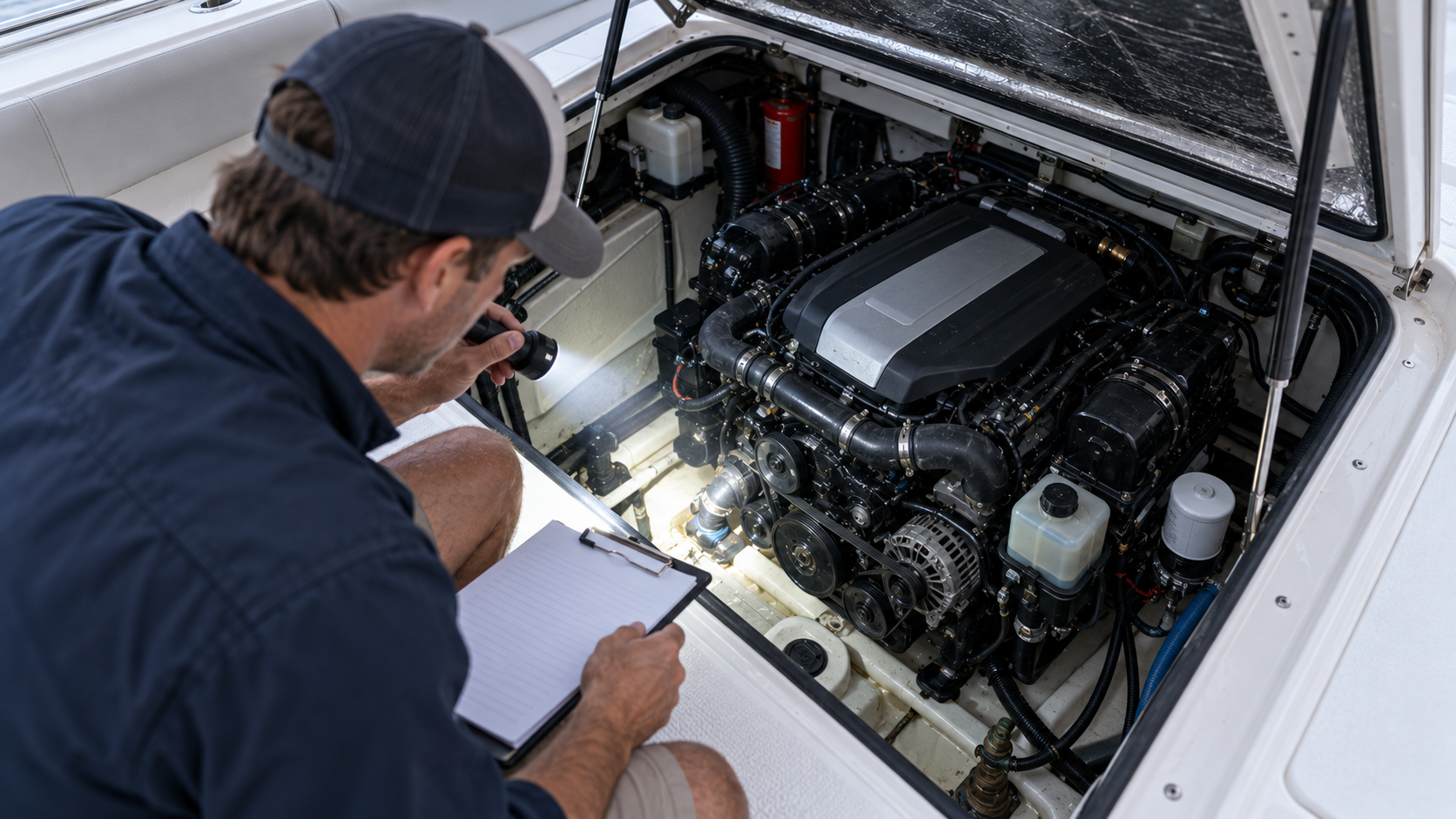 Prospective buyer inspecting a boat engine compartment with a flashlight and clipboard
