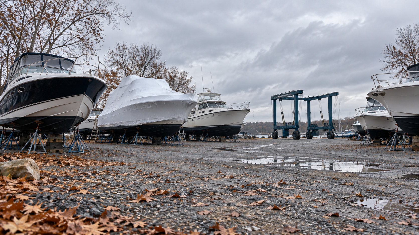Powerboats blocked on jackstands in a late autumn boatyard under an overcast sky
