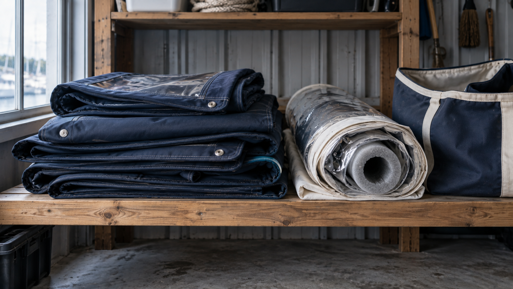 Folded marine canvas and a loosely rolled vinyl curtain stored on a dry workshop shelf
