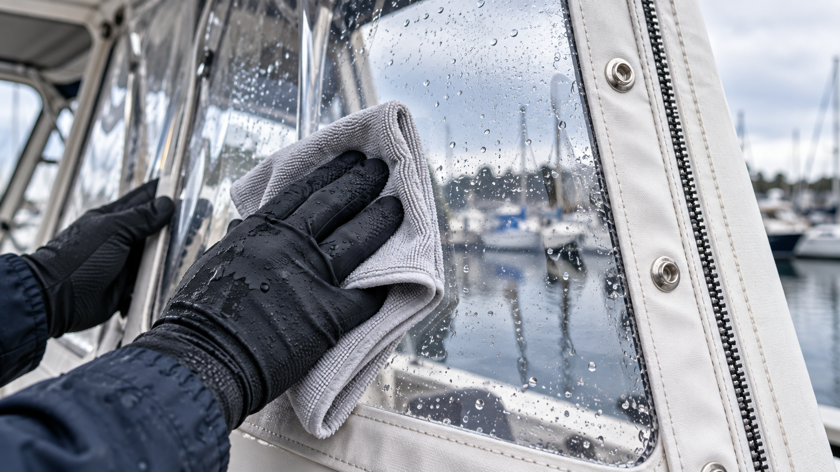 Close-up of gloved hands wiping a clear isinglass side curtain with a microfiber cloth