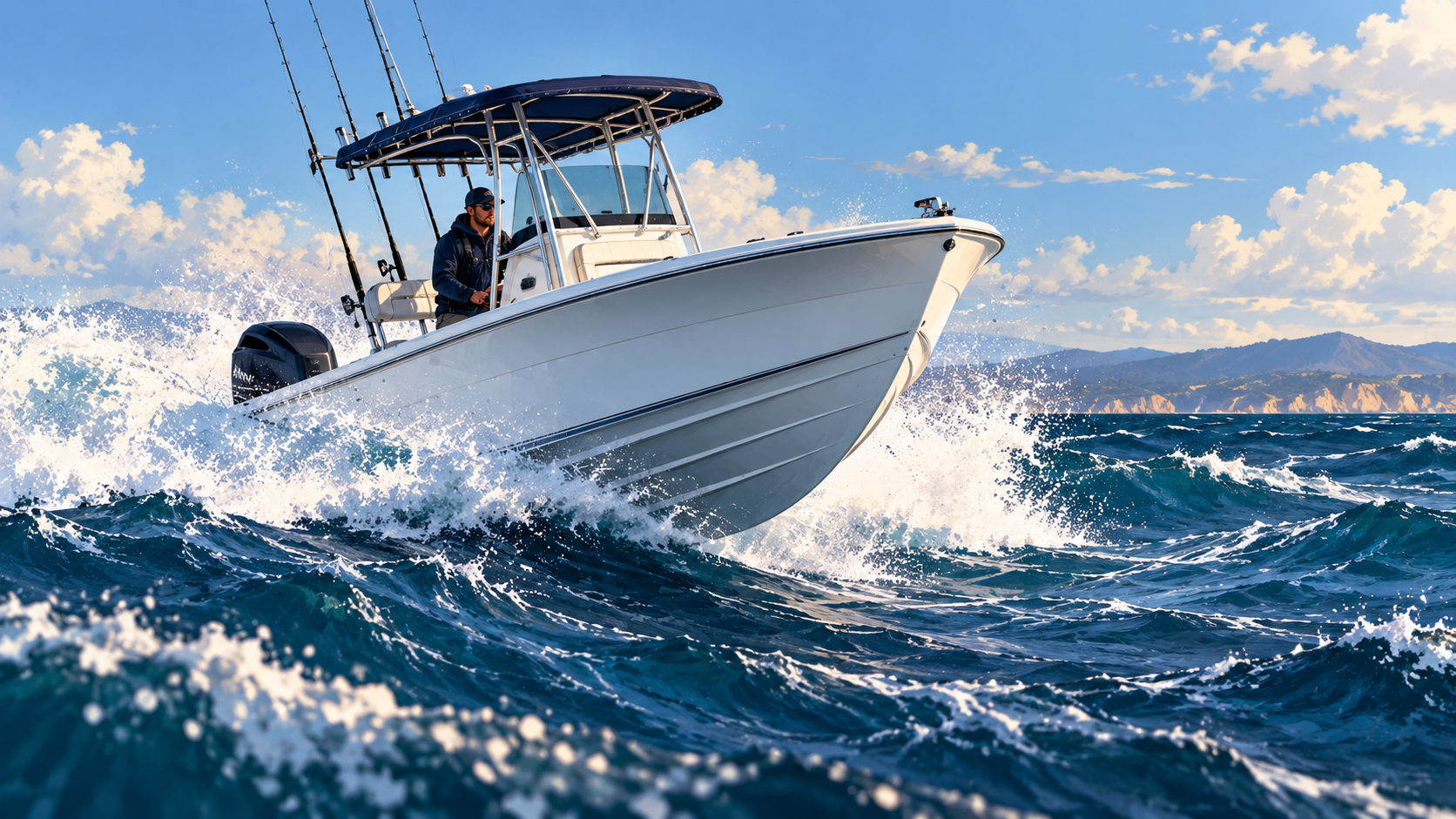 Stylized illustration of a deep-V center console running through offshore chop