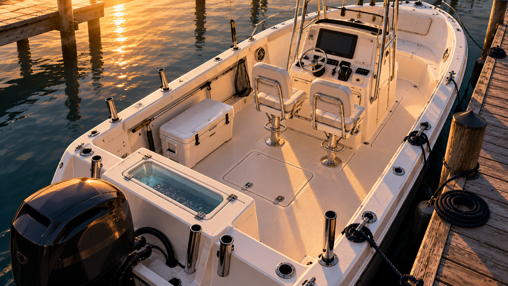 Stylized illustration looking down into a center console cockpit and helm at golden hour