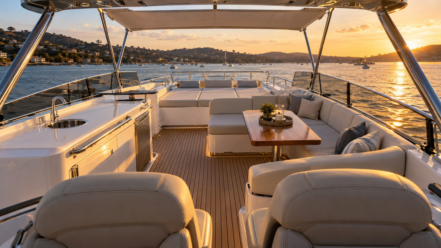 Motor yacht flybridge with wet bar, wraparound seating and sunpad in golden-hour light