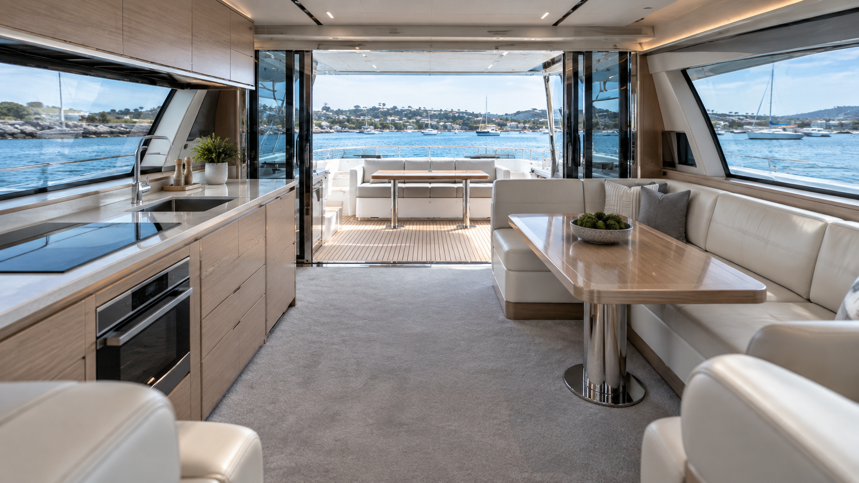 Yacht salon and galley with sliding glass doors open to the cockpit
