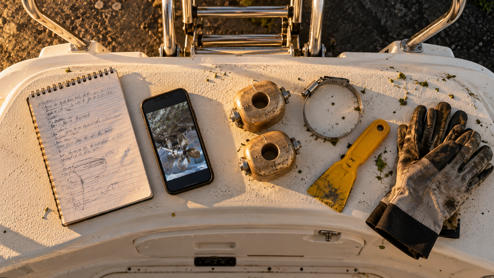 Overhead view of a notepad, phone, new anodes and work gloves laid out on a boat swim platform