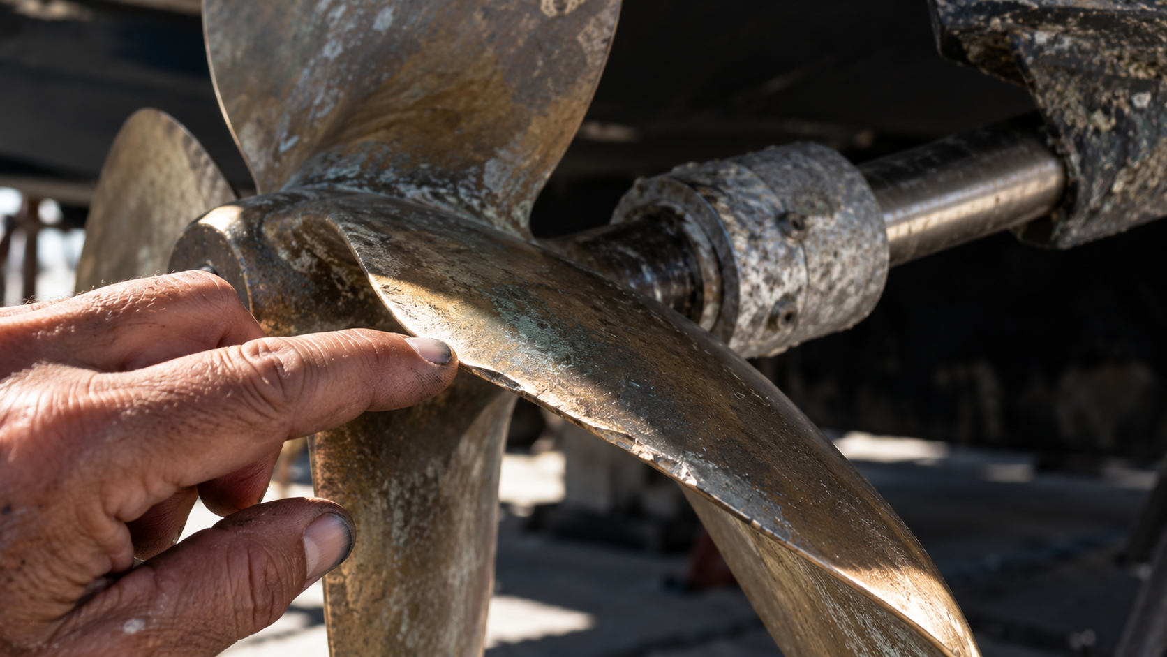 Close-up of a hand checking the trailing edge of a bronze propeller blade on a hauled boat