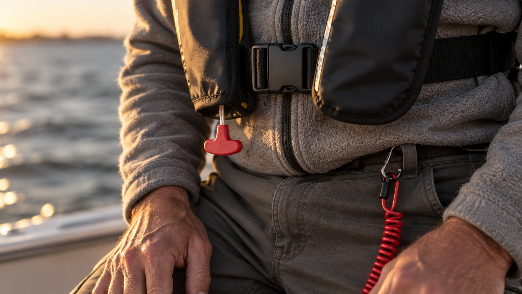 Inflatable life jacket worn over a fleece with an engine cutoff lanyard clipped alongside