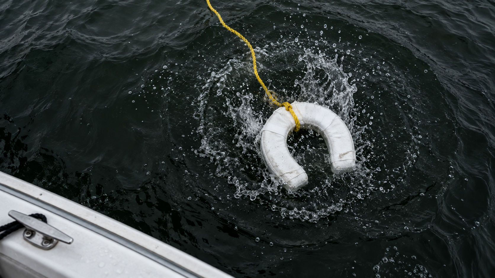 Throw flotation ring hitting dark cold autumn water seen from over a boat gunwale