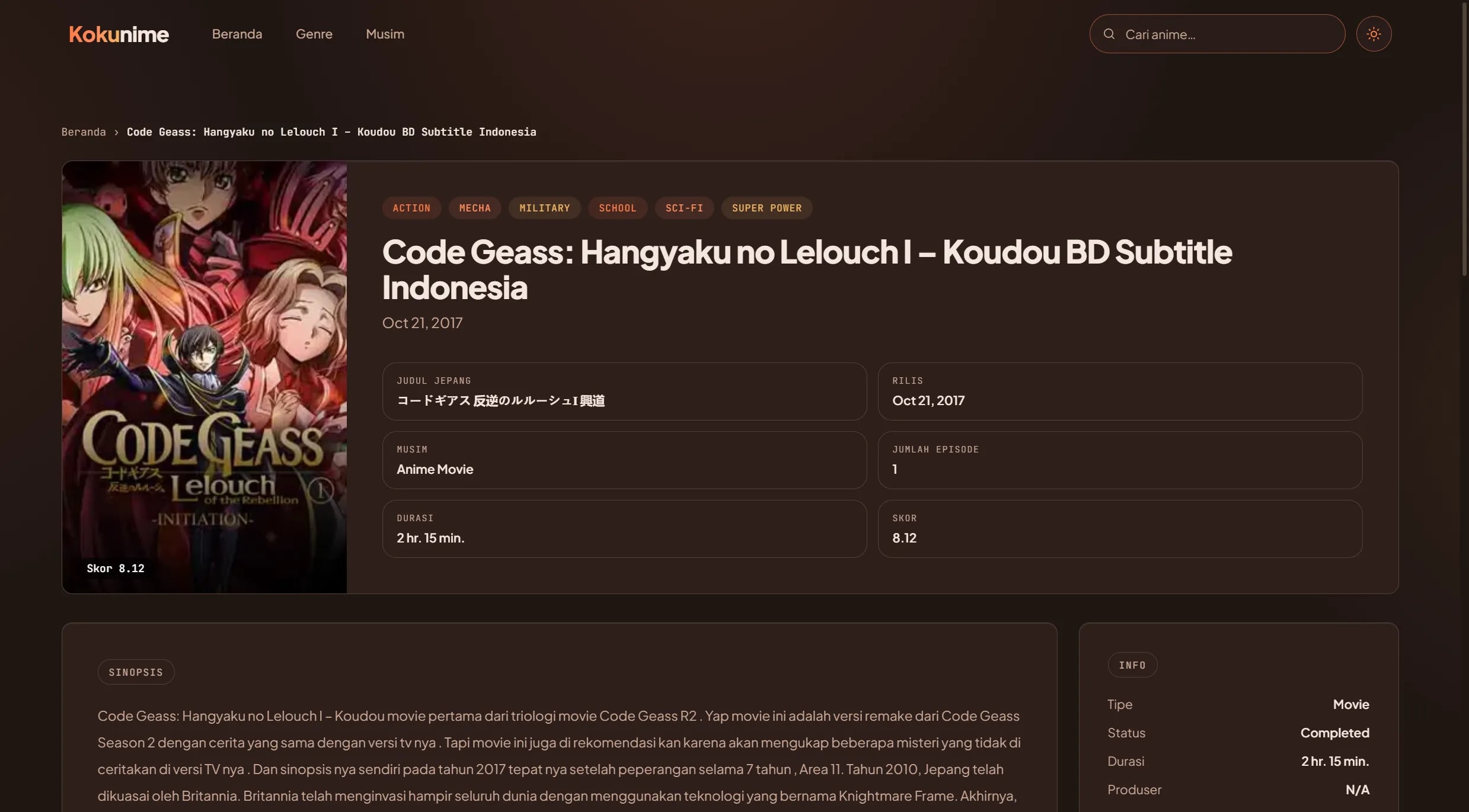 Kokunime Detail Page