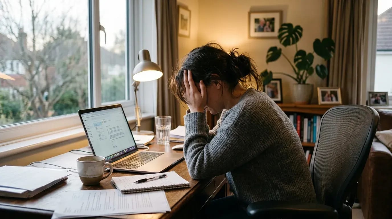 Personne fatiguée assise à un bureau, tenant sa tête, signe de stress.